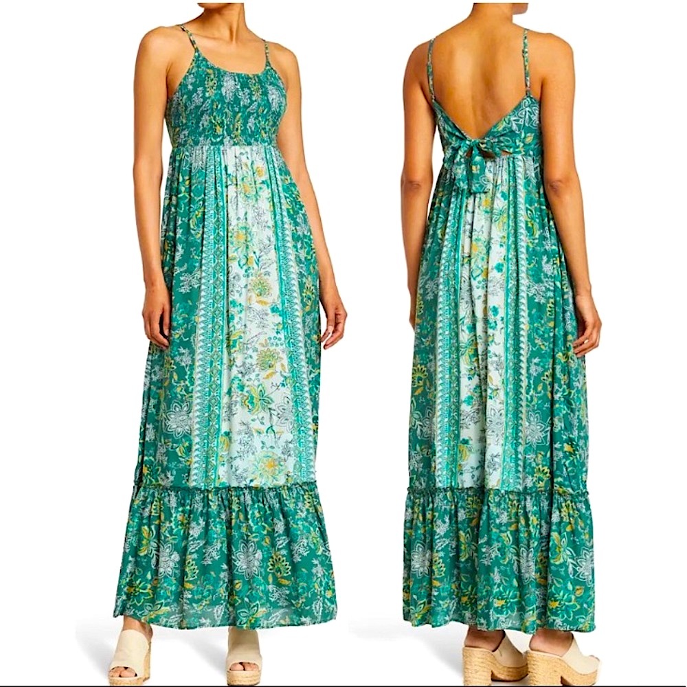 Green Floral Keyhole Front Tie Boho Maxi Dress